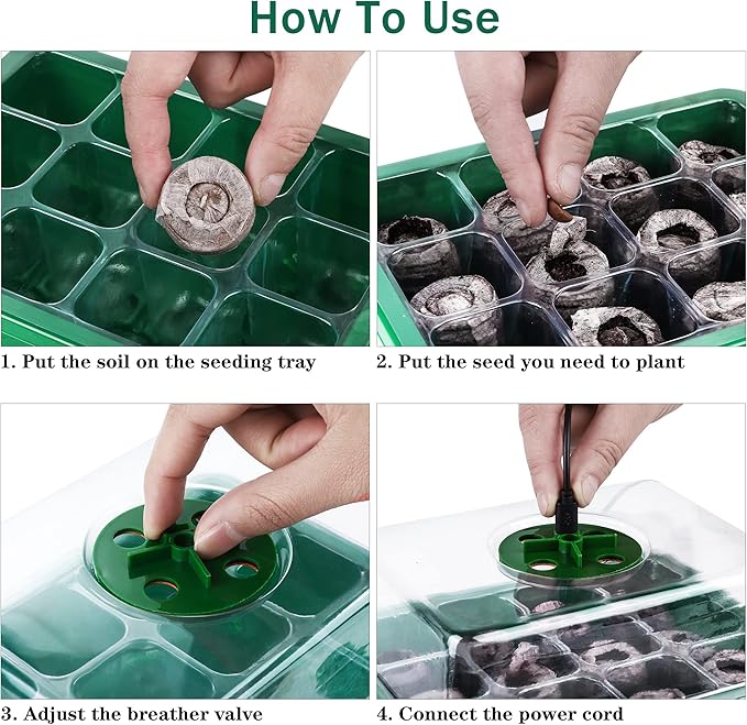 6 Pack Seed Starter Tray Kit with Grow Light and Humidity Dome Germination Trays with 72 Peat Pellets, Plant Labels, Gardening Tools, Plant Growing Trays for Seeds Growing Starting, Green