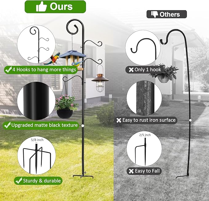 108 Inch Shepherds Hooks for Outdoor 2 Pack, Bird Feeder Poles with 4 Hooks, Shepherds Hook for Bird Feeders Outside with Base, Garden Pole for Hanging Plant Baskets, Weddings Decor (108 Inch)