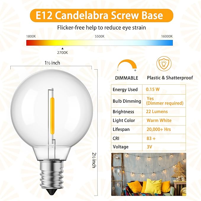 Brightown G40 Solar Replacement Bulbs, E12/C7 Candelabra Screw Base, 3V, 0.15W, 1.5 Inch Shatterproof Globe LED Bulbs Only for Solar Outdoor String Lights, 2700K, Dimmable, Warm White, 25 Pack