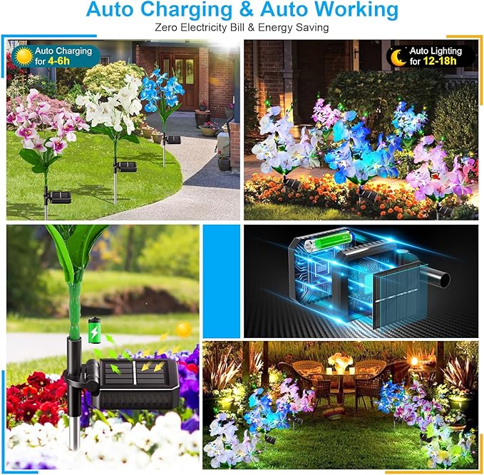 Solar Garden Lights Outdoor Decor, 3 Pack Newest Version Phalaenopsis Orchid Flower Solar Lights for Outside, 240 LED Colorful Waterproof Solar Lights Outdoor for Yard Patio Decor, Gift for Mom