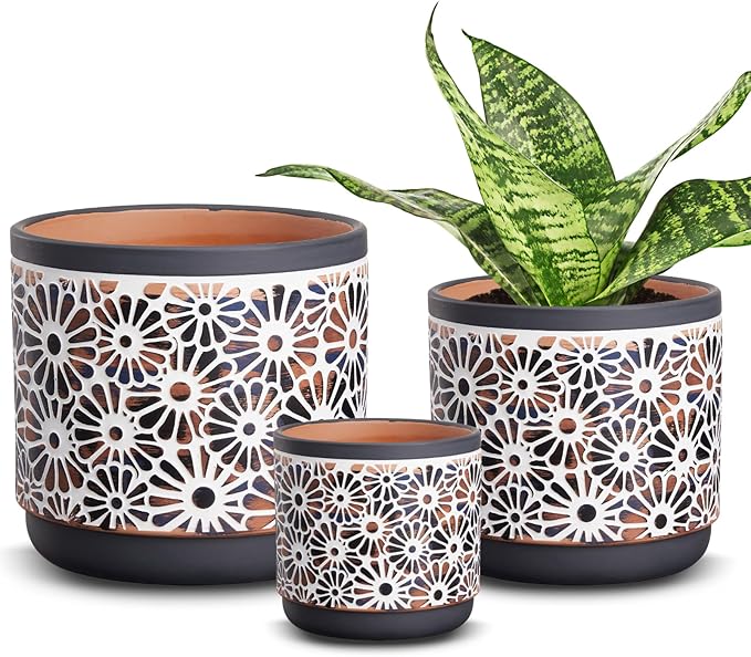 3 Piece Ceramic Plant Pots, 5.7/4.7/3.5/inch Planters with Drainage Hole, Outdoor Indoor Flower Pots Set, Modern Decorative Plant Pots for Lilies, Cacti, Succulents, Snakes, Bamboo(Grey)