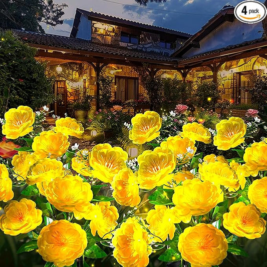 Neporal Solar Flowers Outdoor Waterproof, 4PK 7-Stem Yellow Camellia with 2 Lighting Modes & Romantic Warm Light, Solar Lights Outdoor Decorative for Garden, Yard, Pathway, Gardening Gifts for Women
