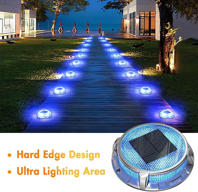 Quntis Solar Deck Lights for Outside, 3 Color Modes Deck Light Outdoor IP68 Waterproof, Solar Driveway Lights for Stair Pathway Walkway Road (Blue/Cool White/Warm White) 4 Pack
