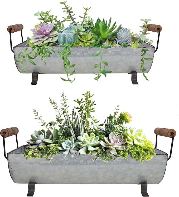 Galvanized Metal Trough Succulent Planter Farmhouse Metal Tray Rustic Tabletop Centerpiece Décor Set of 2
