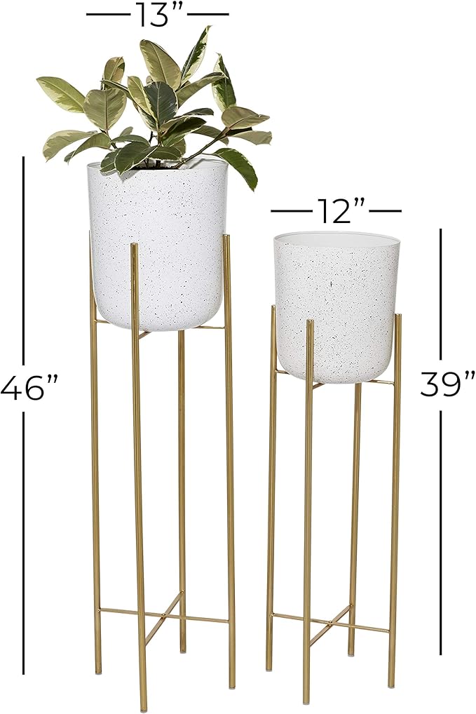 Deco 79 Metal Indoor Outdoor Planter Deep Recessed Dome Speckled Large Planter Pot with Removable Stand, Set of 2 Planters 39", 46"H, White