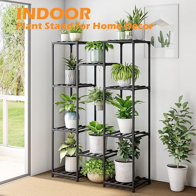 Bamworld Black Plant Stand Indoor Bamboo Hanging Plants Shelf for Multiple Plants Tall Large Holder for Living Room, Patio, Balcony, Garden