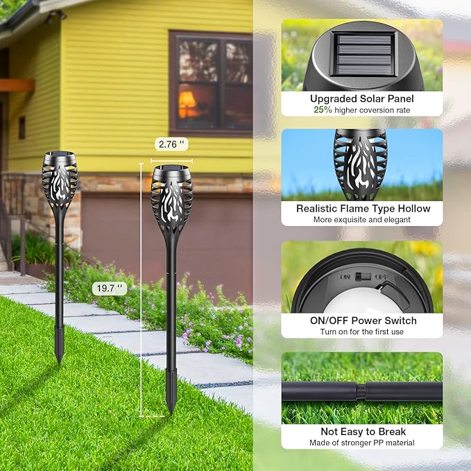 Solar Outdoor Lights, 10 Pack Solar Torch with Flickering Flame Waterproof, Solar Powered Garden Light, LED Flame Pathway Torches Lights for Yard, Patio, Outside Landscape Décor