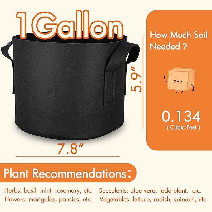 Gardzen 6-Pack 1 Gallon Grow Bags, Aeration Fabric Pots with Handles, Heavy Duty Cloth Pots for Plants