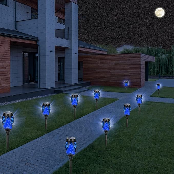 Solar Lights Outdoor, Upgraded 10 Pack Blue Solar Torch Light with Flickering Flame for Garden Decor, Waterproof Outdoor Lights Solar Powered, Tiki Torches for Outside Yard Patio Pathway Decor