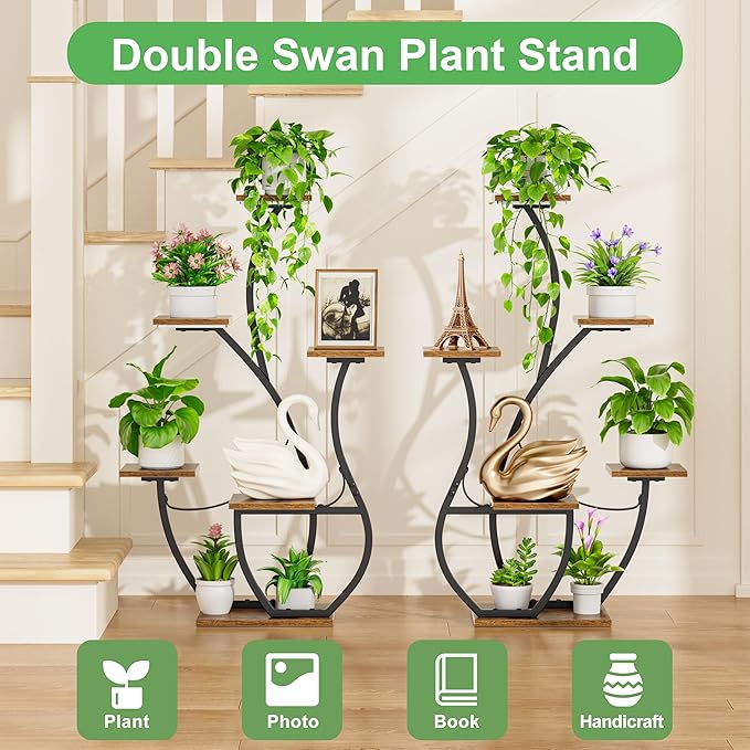 Plant Stand Indoor with Grow Lights - 2 Pack Indoor Plant Shelf, 6 Tiered Corner Plant Stands for Indoor Plants, Swan-Shaped Plant Holder, Metal Flower Display Rack for Living Room, Patio Decor（Black)