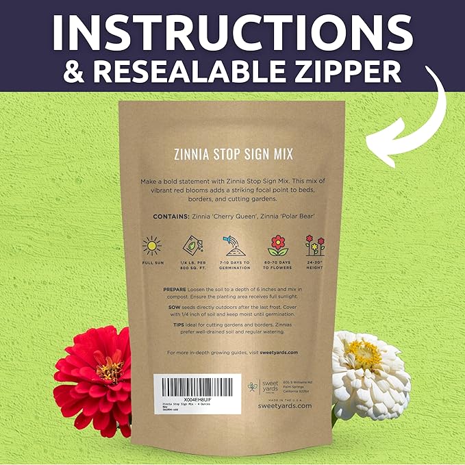 Zinnia Stop Sign Mix - Bulk 1/4 Pound Pouch - 15,000 Flower Seeds for Planting - Zinnia elegans
