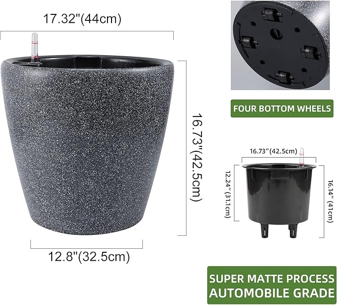 Dexceder 18x17 Self Watering Planter with Wheels Indoor Outdoor, Inner Pot Design, Thickened Large Floor Standing Flower Plant Pot with Water Level Indicator (Stone Matte)