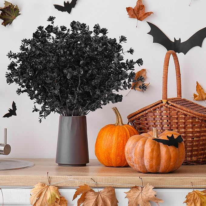 12 Bundles Black Artificial Flowers for Outdoor,No Fade Fake Plastic Flowers Faux Plants for Halloween Decor,Hanging Planters Decoration Indoor Outside Garden Porch Window Box Home Party