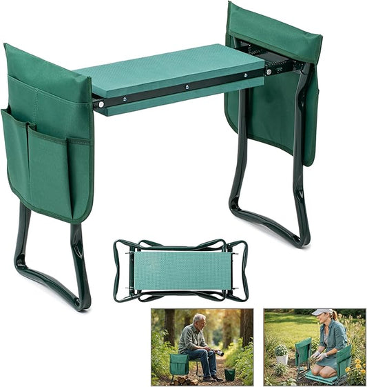 Simple Deluxe Garden Kneeler and Seat, Foldable Kneeling Stool with Thicker EVA Foam Pad, Heavy Duty Bench with Tool Pouch, Gifts for Outdoor Gardening, Fishing, Green