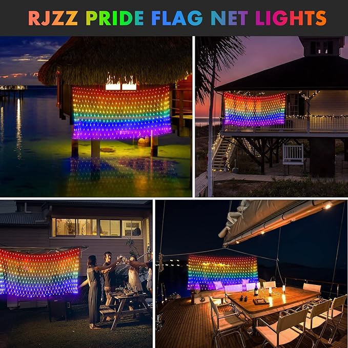 Pride Flag Outdoor Decorations, 6.6x3.3 FT LGBTQ Rainbow LED Net Lights, 390LED Waterproof Connectable Garden Lights for Pride Month, Room, Yard, Party, Office