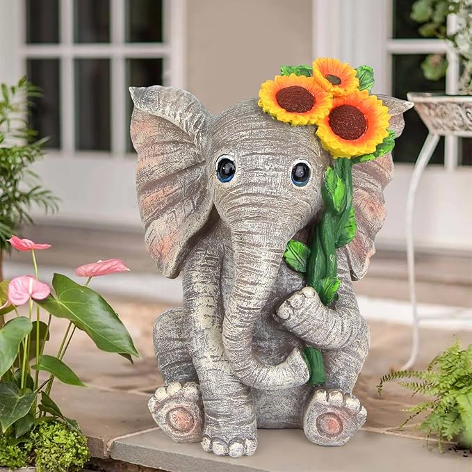 Outdoor Sculpture Figurine Statue Elephant Decor,Solar Garden Statues for Patio Home Yard Decor,Good Luck Sunflower Elephant for Women, Mom Gifts Housewarming Gift