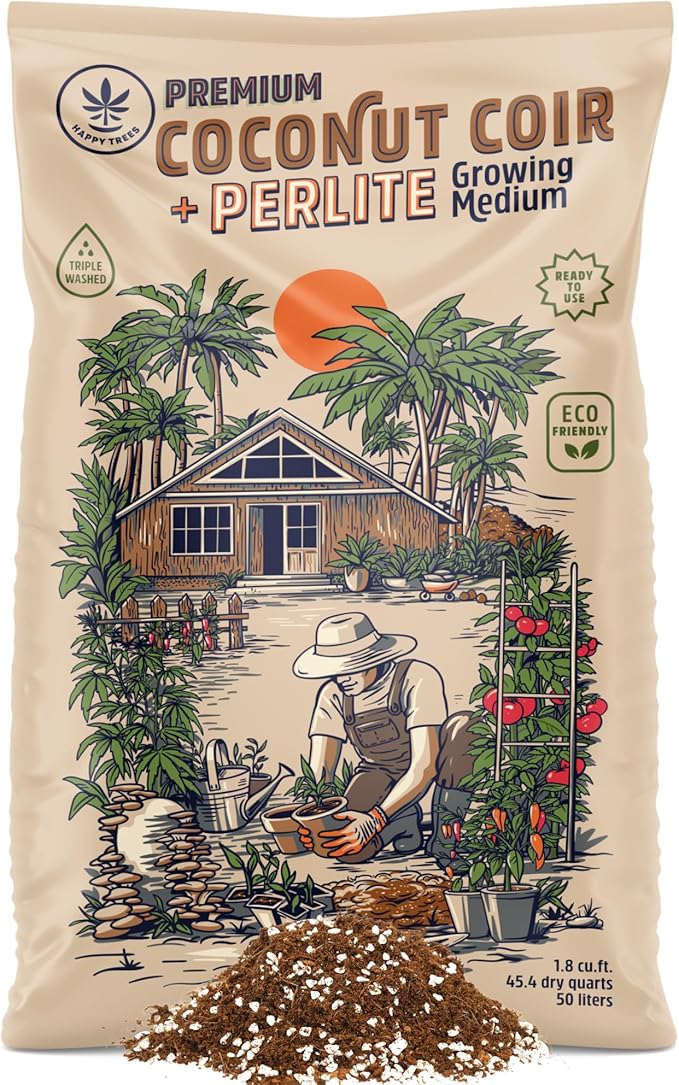 Happy Trees Coco Coir and Perlite 70/30 Growing Medium, Potting Mix, Seed-Starting, Premium Quality Triple-Washed for Low Salt/EC, pH Balanced Loose Coconut Fiber, Peat-Free, 50L (1.8 cu.ft.)