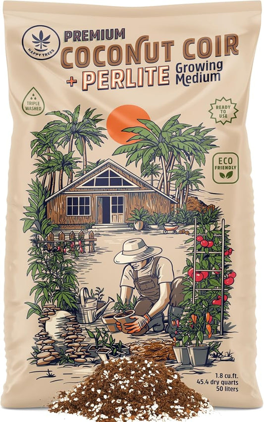 Happy Trees Coco Coir and Perlite 70/30 Growing Medium, Potting Mix, Seed-Starting, Premium Quality Triple-Washed for Low Salt/EC, pH Balanced Loose Coconut Fiber, Peat-Free, 50L (1.8 cu.ft.)