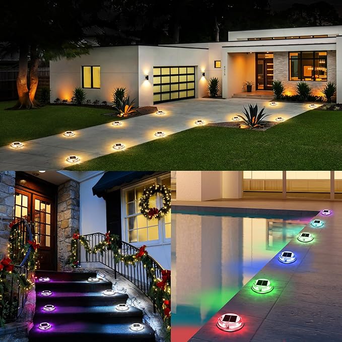 Quntis RGB Solar Deck Lights 2 Pack, 11 Lighting Modes Solar Driveway Lights Outdoor Waterproof IP68, Step Light for Outside, Deck Light Solar Powered for Stair Pathway Walkway
