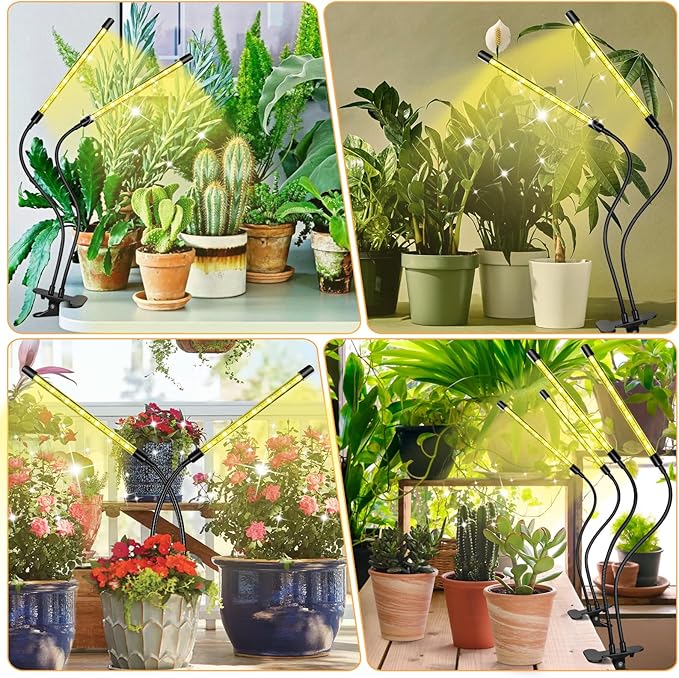 LED Grow Lights (2 Packs), 2 Heads Full Spectrum Plant Light with Clamp for Indoor Plants & Seed Starting, 10-Level Dimmable, Auto On Off, Timing 4 6 12Hrs