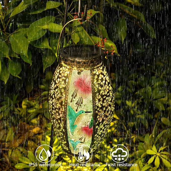 Solar Lanterns Outdoor Hanging Light - Solar Powered Hummingbird Glass LED Lights Decorative Waterproof Tabletop Lamp with Hollowed-Out Design for Indoor Yard Table Patio Garden Pathway Holiday