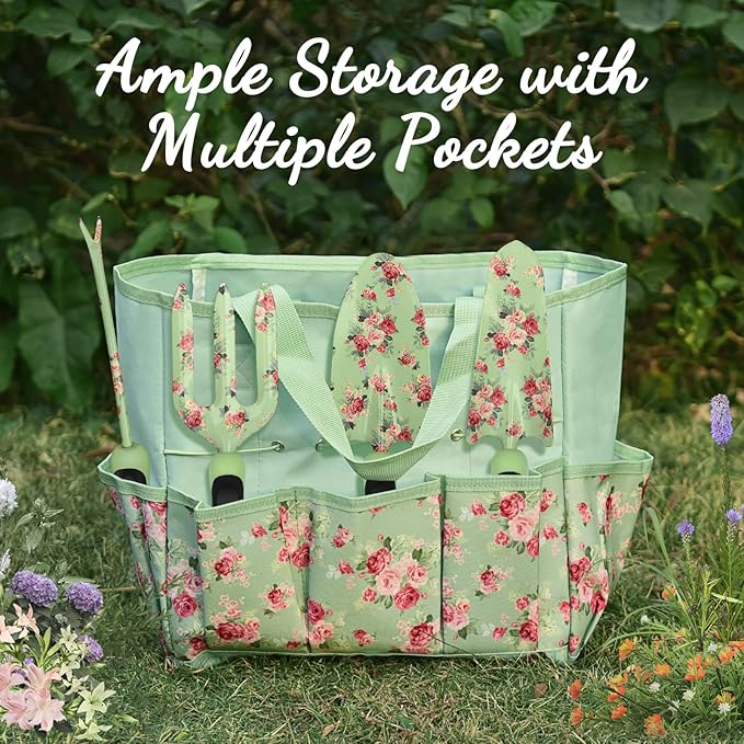 Gardening Tools, WisaKey 10 Piece Heavy Duty Garden Tools Set with Handle, Durable Fashion Garden Tool Organizer Handbag, Ideal Gardening Hand Tools, Gardening Gifts for Women Grandmother Granny