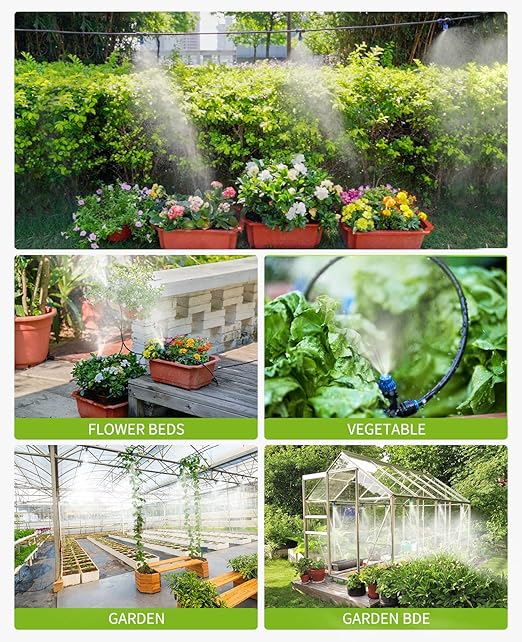HIRALIY 59FT Greenhouse Mist Drip Irrigation Kit, Hanging Plant Watering, Garden Watering System with 1/4" Blank Tubing and Misting Nozzles, Quick Connector Design Automatic Irrigation System