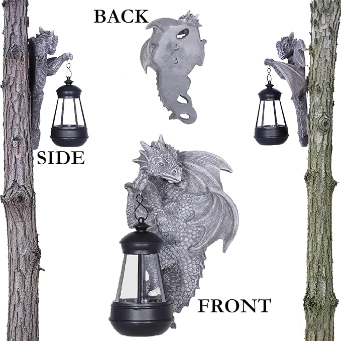 Dragon Statue Solar Lantern for Garden Décor, Dragons Figurine Night Light, 10”Outdoor Decorative Lamp, Mountable on Trees/Walls/Fences. Birthday/Housewarming Gifts for Dragon Fans