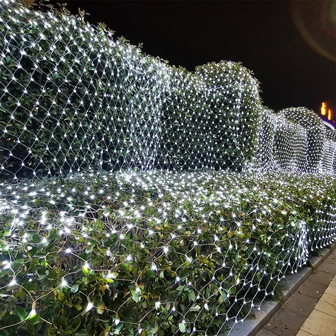 WATERGLIDE Outdoor Christmas Net Lights, 12FT x 5FT 360 LED Mesh String Light with 8 Lighting Modes, Connectable Waterproof Lights for Garden Tree Bushes, Holiday Wedding Party Decorations, White