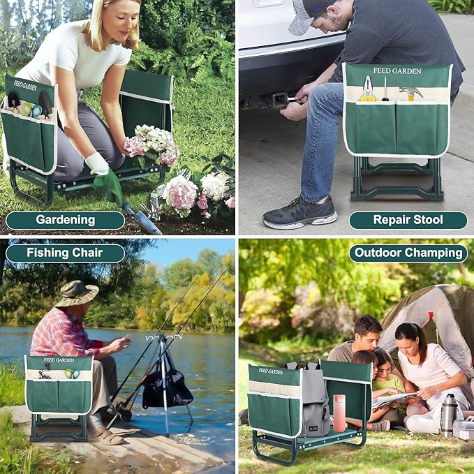 FEED GARDEN Garden Kneeler and Seat, Garden Stool with 10" Wide Soft Kneeling Pad, Heavy Duty Gardening Bench Chair with 2 Tool Pouches, Gardening Gifts for Women Seniors Women Mom Men, Green