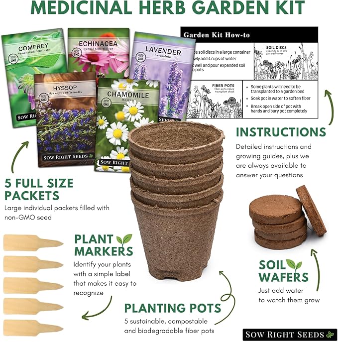 Sow Right Seeds - Heirloom Medicinal Garden Seeds Growing Kit - 5 Medicinal Varieties - Pots & Potting Soil - Grow Herbal Teas with Non-GMO Packets of Lavender, Chamomile, & Echinacea - Wonderful Gift