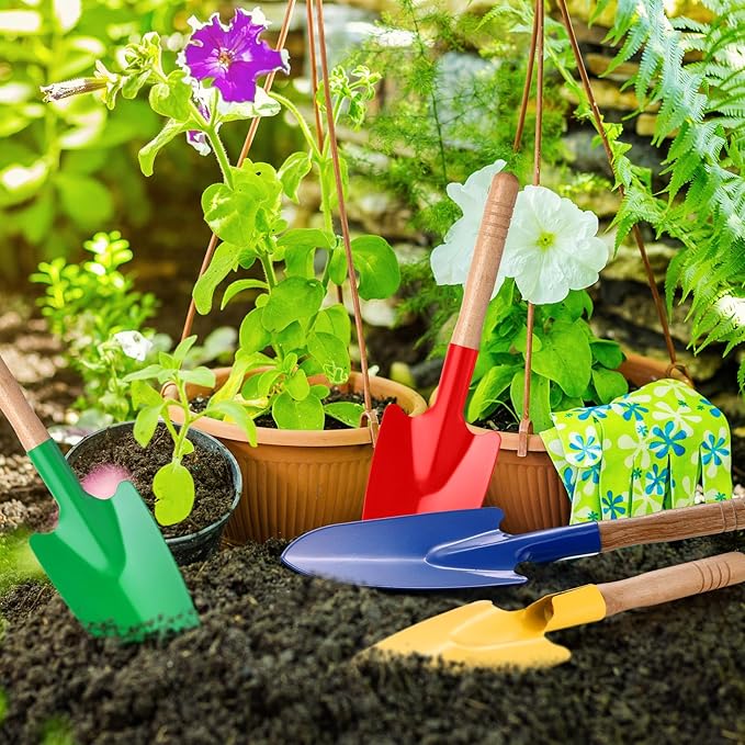 Gisafai 24 Pcs Toy Shovels for Kids Gardening Tools Kids Shovel Mini Metal Garden Shovel Sand Shovels for Kids with Sturdy Wooden Handle for Toddler Soil Planting Digging Tools, 4 Colors