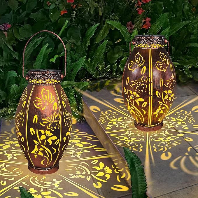 pearlstar 2 Pack Butterfly Solar Lantern Hanging Light Outdoor Waterproof Decorative Metal Solar Lamp for Table Garden Yard Patio Balcony Pathway,Copper,Birthday Gifts for Women Mom Men,Butterfly