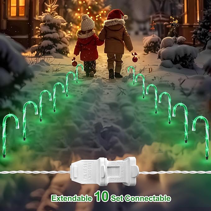 VCOKEN 10'' Christmas Candy Cane Pathway Markers Lights - Set of 10 Christmas Stakes Lights Outdoor Pathway Decorations, Connectable & Light Up Xmas Holiday Party Yard Indoor Outdoor Ornament, Green