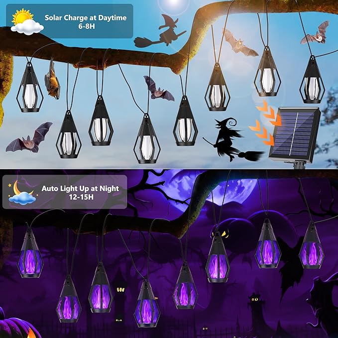 Solar Halloween Lights Outdoor, 13Ft Outdoor String Lights with 10 Flickering Flame Bulb, Waterproof Solar Powered Purple Halloween Lights LED Flame Lights for Halloween Decorations Yard Patio Garden