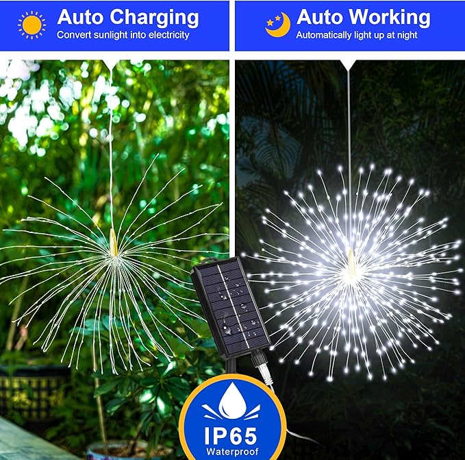 Solar Firework Lights Outdoor, 1000 LED Starburst Light Outdoor with USB Rechargerable, 8 Modes Waterproof Solar Hanging Lights for Gazebo Yard Party Wedding Decorations (White, 1000 LED)