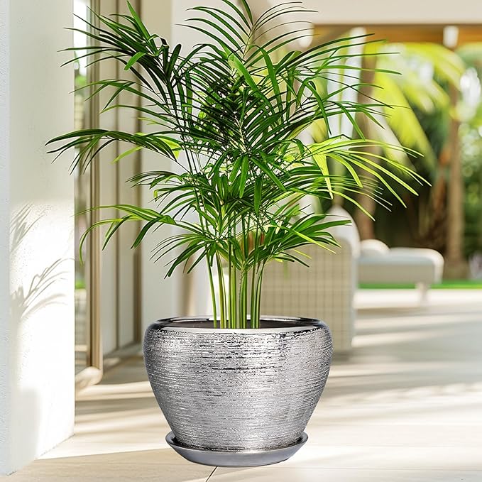 Flower Pot for Indoor Plants - Ceramic Planter 10 Inch Plant Pot with Drainage Hole and Saucer Large Decorative Planter Outdoor Mid-Century Planter for House Silver