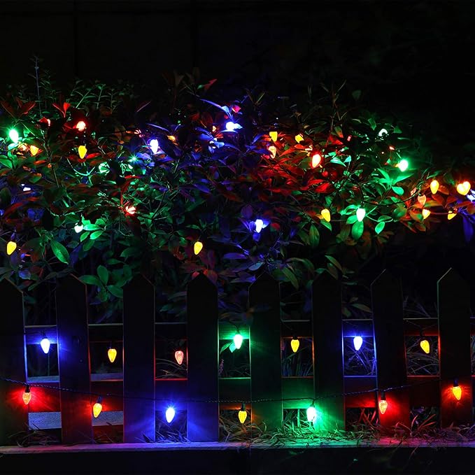 DEWENWILS C7 Christmas String Lights Outdoor, 33.3ft 50 LED Multi Color Bulb Lights, Outdoor Decorations for Christmas Tree, Patio, Garden, Yard, Porch, Green Wire, Multicolor, UL Listed