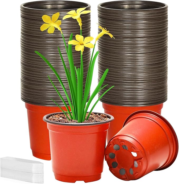 4 Inch 200 Pack Plastic Nursery Pots with Drainage Holes,Plastic Seed Starting Pots Come with 200 Pcs Labels, Reusable Seedling Flower Plant Container for Succulents, Seedlings, Transplanting