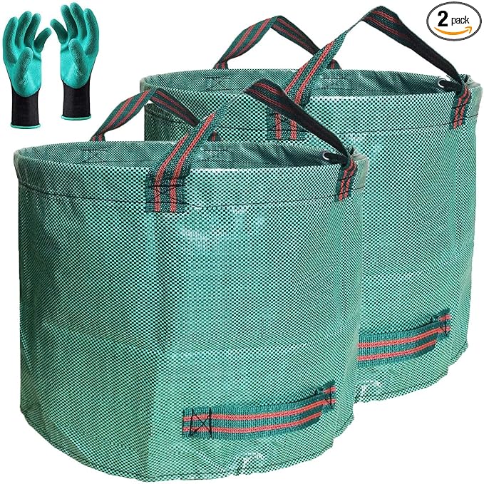 Standard 2-Pack 16 Gallon Yard Lawn Garden Bags (D18, H15 inch) with Gardening Gloves, Yard Waste Bags,Garden Debris Bag,Camping Trash Bags,Recycling Bag,Laundry Bag,Lawn Weeds Bag,Leaf Bags 4 handles