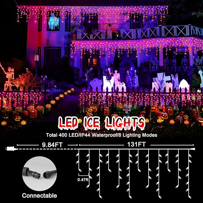 Hezbjiti 400LED Halloween Lights Purple Orange Icicle Lights 32.8FT Halloween String Lights Outdoor Decoration 8 Modes 75 Drops Fairy Lights for Eaves Party Yard Garden Halloween Decor