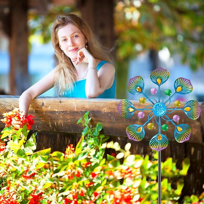 Peacock Wind Spinner Outdoor, Standing Wind Sculpture Yard Art Decorations, Metal Windmill for Patio Lawn & Garden Decor (1pcs-Blue Green)