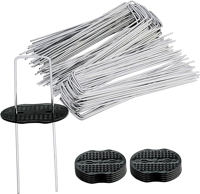100 pcs 6 inch U-Shaped Landscape Staples and 10 pcs Fixing Gasket Sets, Garden Landscape Staples are Suitable for Outdoor Irrigation Hoses, Artificial Turf Nails, Fixed Fences and Tents, etc.