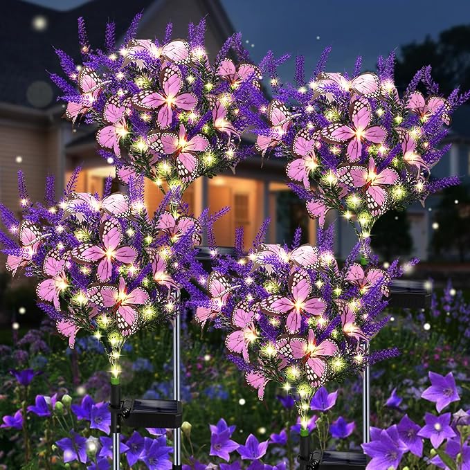 Solar Garden Lights Outdoor, 4 Pack Purple Lavender Solar Butterfly Lights Gardening Gifts for Women, Solar Artificial Flower with Butterfly Purple Garden Decor for Lawn Patio-Warm White