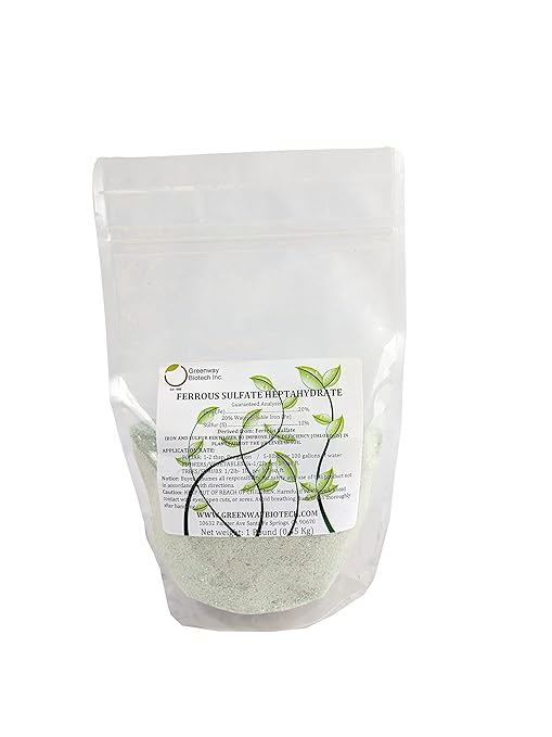 Greenway Biotech Ferrous Sulfate Heptahydrate Fertilizer Includes 20% Iron (Fe) 12% Sulfur & 100% Water Soluble Powder- Organic Lawn Fertilizer for Vegetables and Plant Growth - 1 Pound