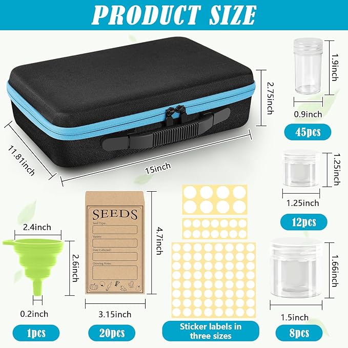 65 Slots Seed Storage Organizer with 20 Seed Envelopes, Sturdy Seed Organizer Box with Zipper Bag Label Stickers 3 Sizes Storage Bottles (Seeds not Included), Seed Storage Container for Flower Plants