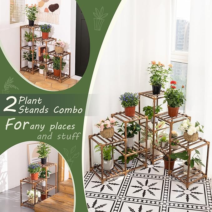 Uneedem Wood Plant Stand Indoor Outdoor Corner Plant Shelf Stand, 5 Tiered 10 Potted Flower Plant Stands for Indoor Plants Multiple, Plant Shelves Stands Rack for Living Room, Patio, Balcony