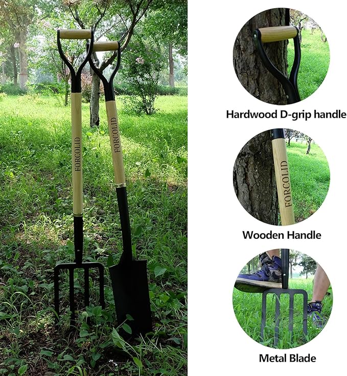 Garden Fork, 4-Tine Spading Digging Fork, Pitch Fork-45Inch, Forged Steel Y-Grip, Wood Handel