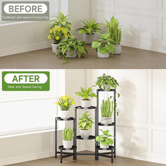 7-Tier Metal Plant Stand Indoor, Foldable Corner Plant Shelf Outdoor, Rotatable Tiered Flower Display Stand, Black Multiple Plants Holder for Patio Living Room Balcony Garden Home Decor