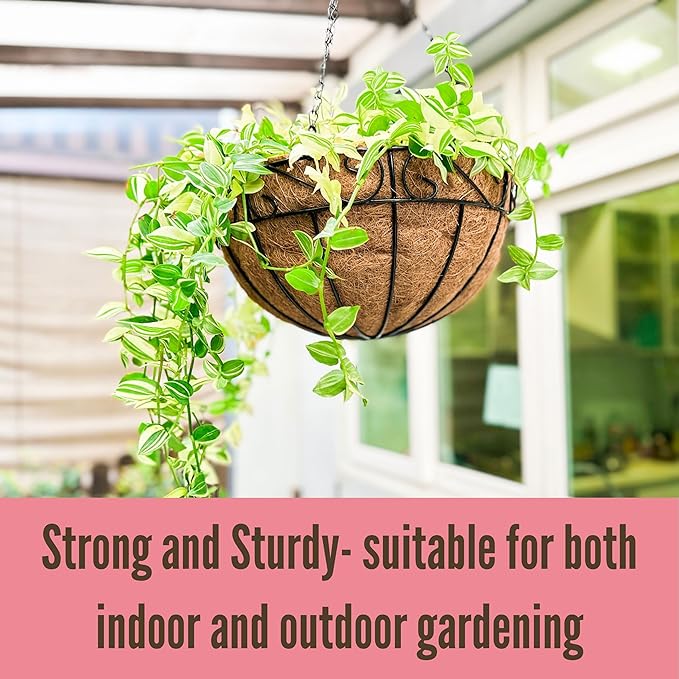 LaLaGreen Hanging Planter for Outdoor Plants (2 Pack, 14 Inch) White Hanging Baskets with Coco Liner, Metal Wire Flower Basket Pots with Hook Hanger Balcony Porch Farmhouse Country Style Garden Decor